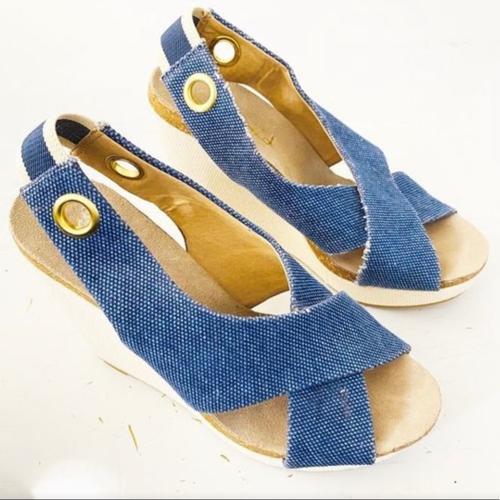 Splendid Platform Denim jean Slingback Peep Toe Wedge 7.5